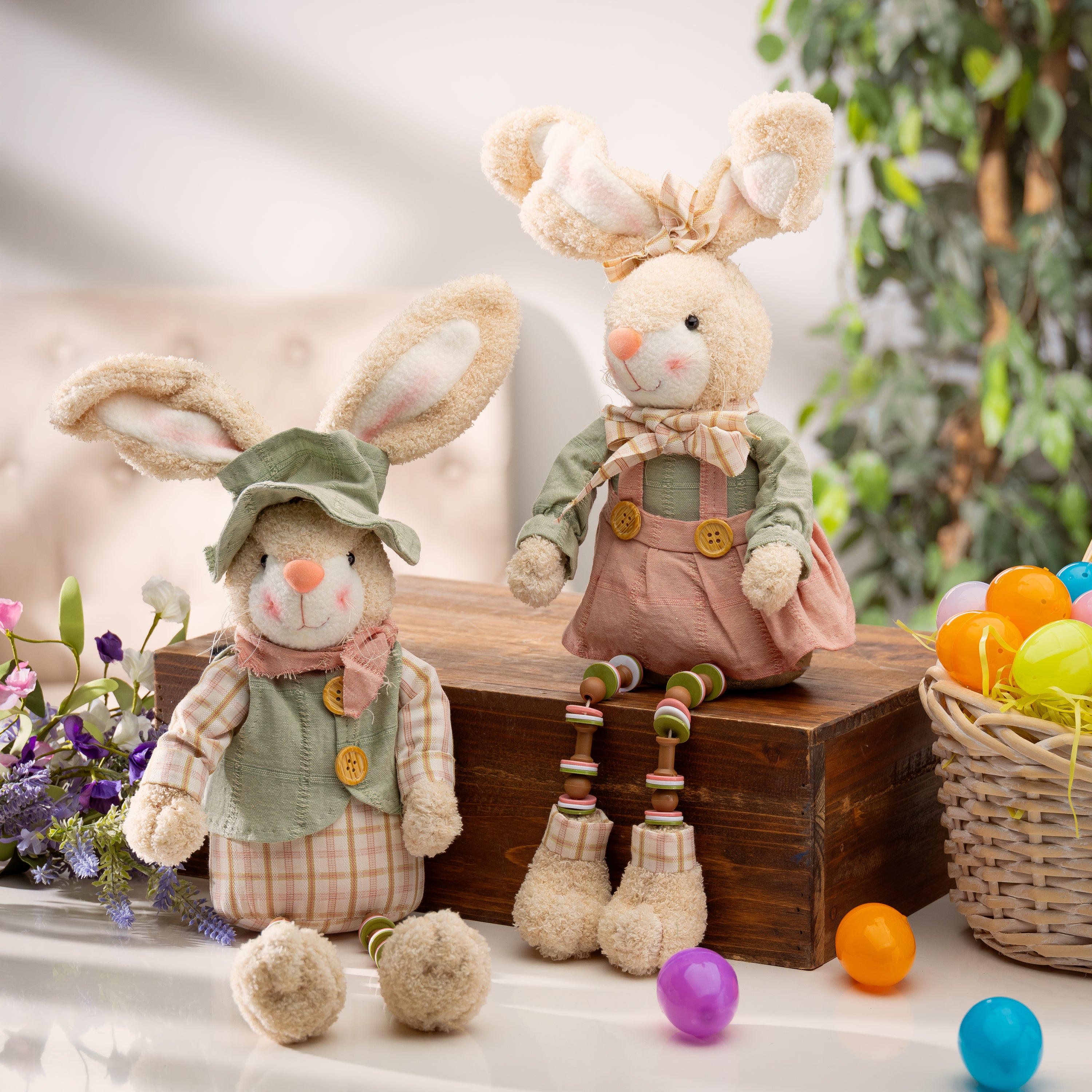 Adorable Spring 16 inch Fabric Easter Bunny Shelf Sitters Set of 2